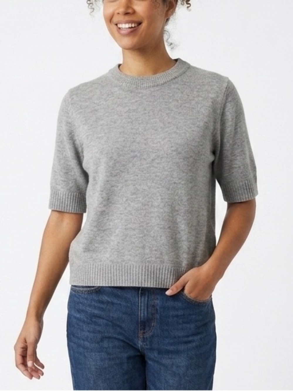 Pistache Grey Fine Knit Short Sleeve Crewneck Sweater Made in Italy - XL 561